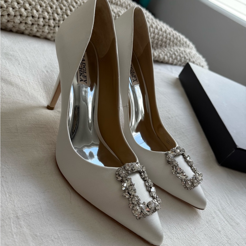 Badgley Mischka White Satin Crystal Buckle Heels / Cher Pumps - Picture 3 of 5
